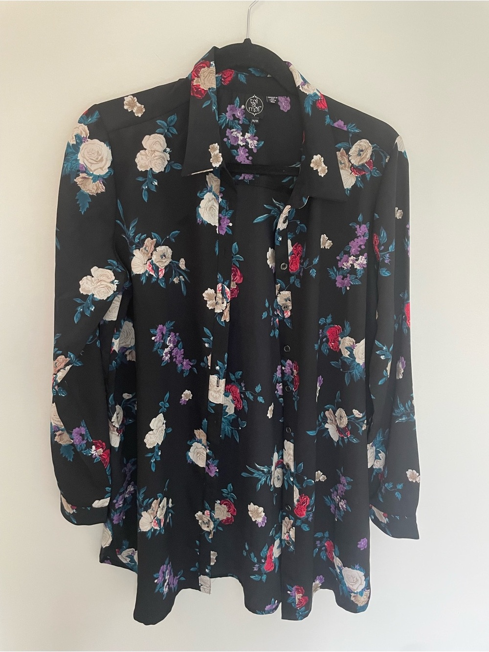 Toi et Moi Black Button-Down Blouse with Cream, Red and Purple Florals